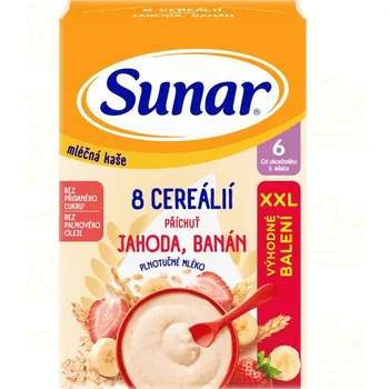 Dětská kaše Sunar Mléčná kaše 8 cereálií 340 g jahoda/banán