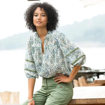 Dámská halenka Halenka na knoflíčky s potiskem khaki/modrá 48