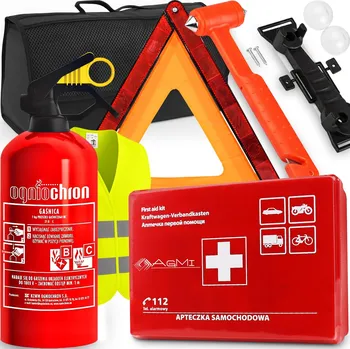 Autolékárnička HASICÍ PŘÍSTROJ 1 KG LÉKÁRNIČKA TROJÚHELNÍK KLADIVO NA SKLO ŘEZAČ PÁSU VESTA TAŠKA