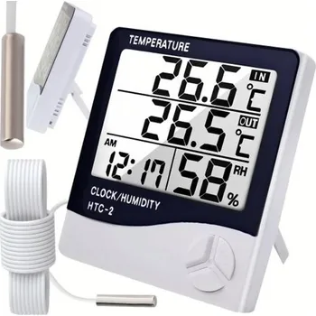 Domácí teploměr HTC 2 - nástěnný digitální teploměr s vlhkoměrem s výklopným stojánkem, velký displej, paměť minimální a maximální teploty, budík