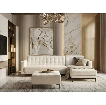 Sedací souprava Rohová rozkládací pohovka krémově bílé čalounění 4místná modulární černé nohy levostranná ve tvaru L s taburetem obývací pokoj Beliani