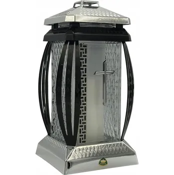 Svíčka VELKÝ HŘBITOVNÍ SVÍČKA na hrob Černá KAPLIČKA Skleněný LAMPION Stříbrný kříž + vložka