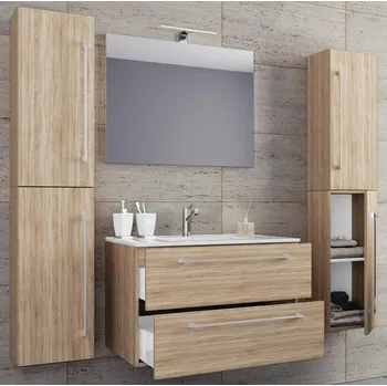 Koupelnový nábytek VCM 5dílná umyvadlová skříňka Badinos 2 zásuvky 80 cm se zrcadlem a 2 vysokými skříňkami, dub Sonoma 488012