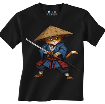 Chlapecké tričko Dětské tričko Kočičí Samuraj Připraven k Boji (Velikost: 7-8, Barva: Černá)