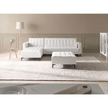 Sedací souprava Rohová rozkládací pohovka bílá umělá kůže 4místná modulární černé nohy pravostranná ve tvaru L s taburetem obývací pokoj Beliani