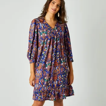 Dámské šaty Rovné šaty se 3/4 rukávy a potiskem, krep modrá/oranžová 48