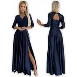 AMBER krajkové dlouhé SATÉNOVÉ šaty s výstřihem - TMAVĚ MODRÁ - XL