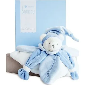 plyšák Doudou Dárková sada - plyšový muchláček modrý medvídek 24 cm