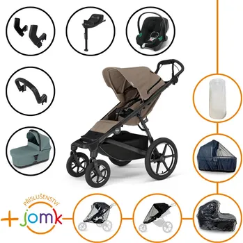 Kočárek Set 11v1 Thule Urban Glide 4-wheel Tinted Taupe s magnetickou sponou + madlo + korbička Mid blue + JOMK příslušenství + autosedačka Cybex s ISOFIX základnou a adaptéry Thule