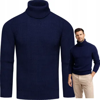 Pánský svetr Pánský svetr rolák vlněný tmavě modrý teplý a pohodlný L