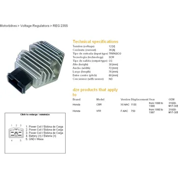 Elektroinstalace pro motocykl DZE regulátor napětí HONDA CB 600F 02-06; CBF 500 04-07; CBR 1100XX 96-98; FES 125/150/250 97-03; NES 125/150/250 01-03; VFR 750F/A/AC 90-97; APRILIA; MALAGUTI;PIAGIO (35A) (31600-MY7-305) - nahrazuje 2055-01 (DZE regulátor napětí HONDA CB 600F 02-06; CBF