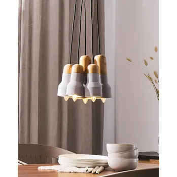 Osvětlení Závěsná lampa šedá beton a dřevo zvonové stínidlo 5 stínidel instustriální styl obývací pokoj jídelna chodba Beliani