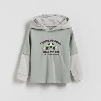 Chlapecká mikina Reserved - Bavlněný longsleeve s kapucí - bledá zelená - 004HS-07X - 004HS-07X-86