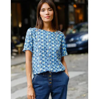 Dámská halenka Halenka s potiskem a rukávy s volánky modrá/šafránová 54