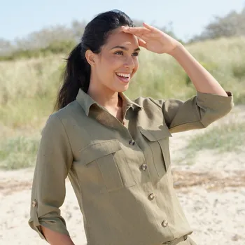 Dámská košile Košile s 3/4 rukávy na ohrnutí, plátno z bavlny a lnu khaki 38