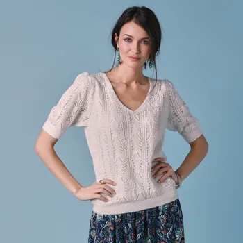 Dámská halenka Halenka z ažurového úpletu s krátkými rukávy slonová kost 46/48