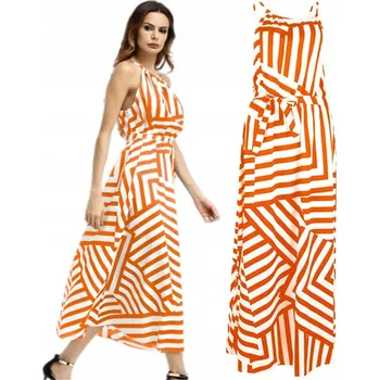 Dámské šaty SUKIENKA DŁUGA PLAŻOWA BIAŁO POMARAŃCZOWA ŘECKÝ STŘIH LEHKÉ NA ZAVAZOVÁNÍ PROUŽKY L