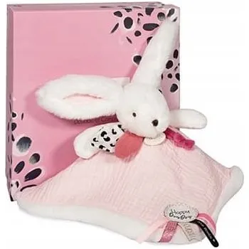 plyšák Doudou Dárková sada růžová - králíček s čtvercovou dečkou 25 cm