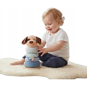 Hračka pro nejmenší Dřevěná věž pyramida na skládání plyšové kroužky MINI MATTERS pes