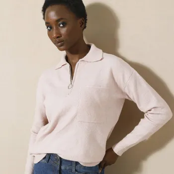 Dámská móda Pulovr s límečkem a výstřihem na zip z recyklovaného polyesteru šedorůžová 42/44