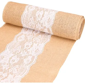 ubrus Jutový běhoun na stůl na svatba, svaté přijímání, s krajkou, 28x450 cm