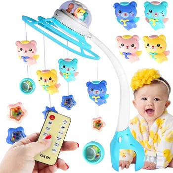 Hračka pro nejmenší KOLOTOČ NAD POSTÝLKU 360° S PROJEKTOREM HVĚZD HUDBA SVĚTLA HRAČKY S CHRASTÍTKY