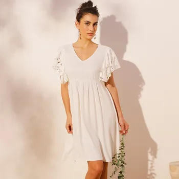 Dámské šaty Krátké šaty s volány a anglickou výšivkou režná 44