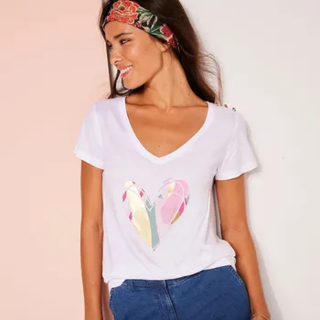 Dámské tričko Tričko s výstřihem do V, středový potisk srdce bílá/růžová 34/36