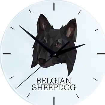 Hodiny Belgický ovčák skleněné nástěnné hodiny s geometrickým psem