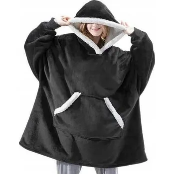 Dámská mikina MIKINA S KAPUCÍ DEKA TEPLÁ SILNÁ FLEECOVÁ OVERSIZE 2V1 XXL VELUR ČERNÁ