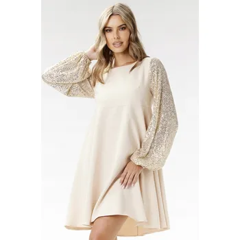 Dámské šaty Šaty áčkového střihu mini s flitrovými rukávy, béžová XL