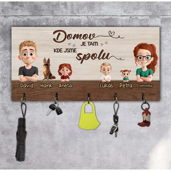 dřevěná podlaha Věšáky na klíče - 3D Domov je tam, kde jsme spolu 4 Věšák + Cedule