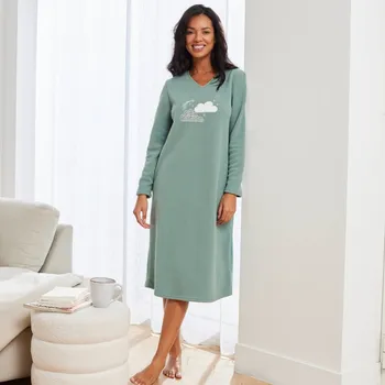 Dámská noční košile Blancheporte Noční košile z mikrofleecu s výšivkou obláčků khaki 34/36