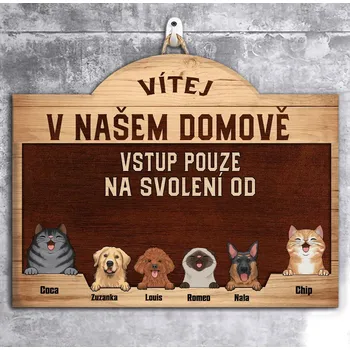 dřevěná podlaha Dřevěná cedule na dveře - Vítej v mém domově. Vstup pouze na svolení od Coca - až 6 mazlíčků 45cm x 35cm