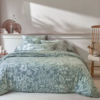 Povlečení Blancheporte Flanelové povlečení Céline s potiskem rostlin tyrkysová napínací prostěradlo 90x190 cm