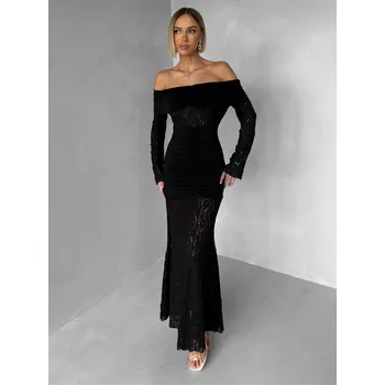 Dámské šaty Černé krajkové dlouhé večerní šaty ODELIA s řasením Velikost: ONESIZE