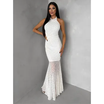 Dámské šaty Krémové společenské krajkové dlouhé šaty KRETONA Velikost: M/L