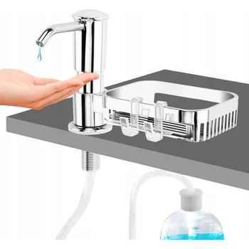 Dávkovač mýdla DÁVKOVAČ NA TEKUTINY NA NÁDOBÍ S PODSTAVCEM NA HOUBIČKU A HÁČKY - STŘÍBRNÁ VERZE