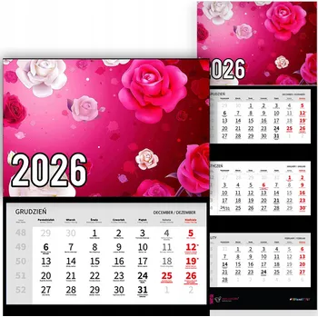 Kalendář Trojdílný kalendář na rok 2026 Różowe róże Premium | Nástěnný kalendář s motivy
