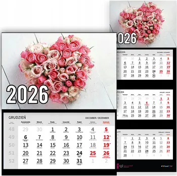 Kalendář Trojdílný kalendář na rok 2026 Serce z kwiatów róż Premium | Nástěnný Vz
