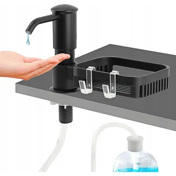 Dávkovač mýdla DÁVKOVAČ NA TEKUTINY NA NÁDOBÍ S PODSTAVCEM NA HOUBIČKU A HÁČKY - TMAVĚ ŠEDÝ