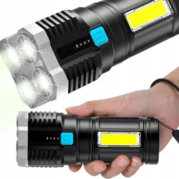 Svítilna Výkonná LED Taktická Svítilna Turistická Vojenská na AKUMULÁTOR 4xLED + COB