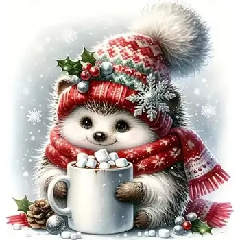 Diamantové malování Diamantové malování/Homfun - Ježeček v červené zimní čepici + perleťové kamínky (30x30)