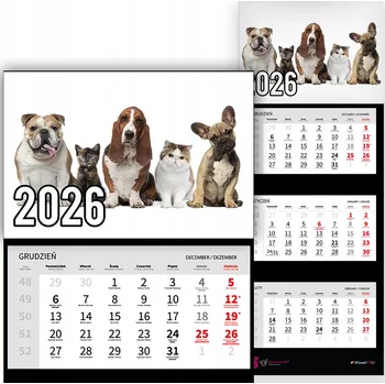 Kalendář Trojdílný kalendář na rok 2026 Psy i Koty Premium | Nástěnný kalendář - různé vzory