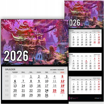 Kalendář Trojdílný kalendář na rok 2026 - Japonský chrám mezi květy | Vzory