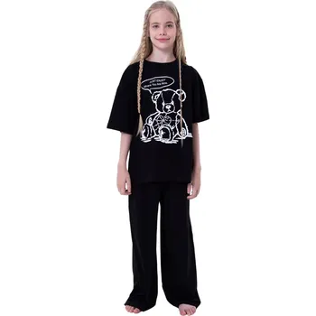 Dívčí pyžamo Dívčí pyžamo Teddy Bear - krátký rukáv, dlouhé kalhoty - černá | Winkiki Kids Wear Velikost: 164