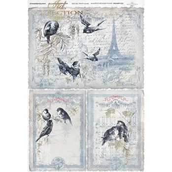 Umělecký papír Rýžový papír A4 pro tvoření ITD - Paris, písmo, ptáci, noty, šedé - R0185