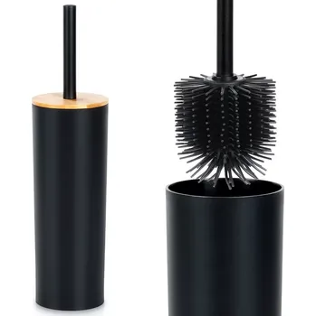 WC štětka Toaletní kartáč se stojanem, černý kov a bambus, 36,5 cm