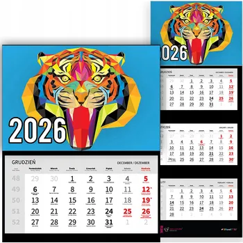 Kalendář Trojdílný kalendář na rok 2026 Kolorowy tygrys Premium | Nástěnný kalendář s motivy