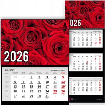 Kalendář Trojdílný kalendář na rok 2026 czerwone kwiaty róż Premium | Nástěnný Vz